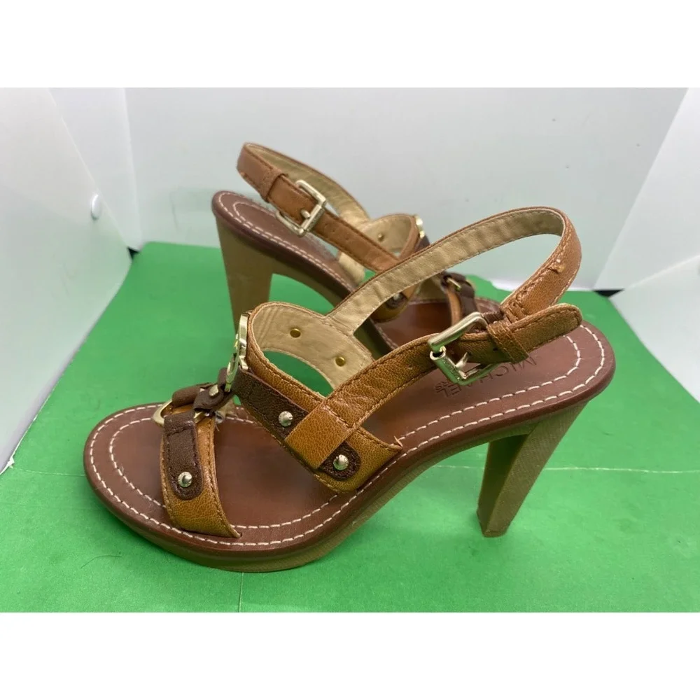 Michael Kors Womens Brown Leather Slingback MK Logo Heels Sandals Size 7M